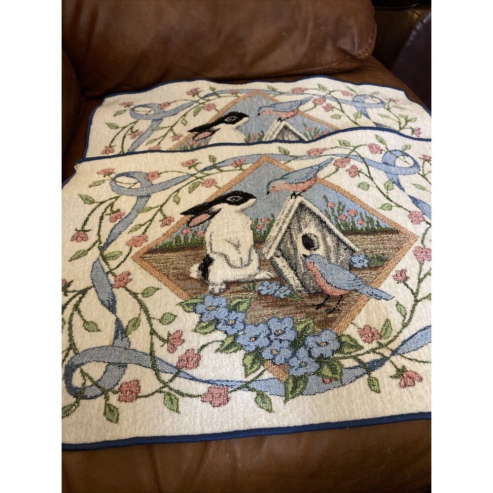 2 Vintage Chenille Bunny Rabbit Placemats Tapestry Birds House Garden Spring